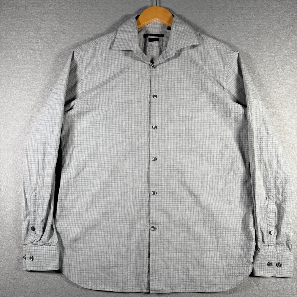 John Varvatos USA Mens Grey Micro Check Slim Fit Button Down Shirt 16.5 34/35